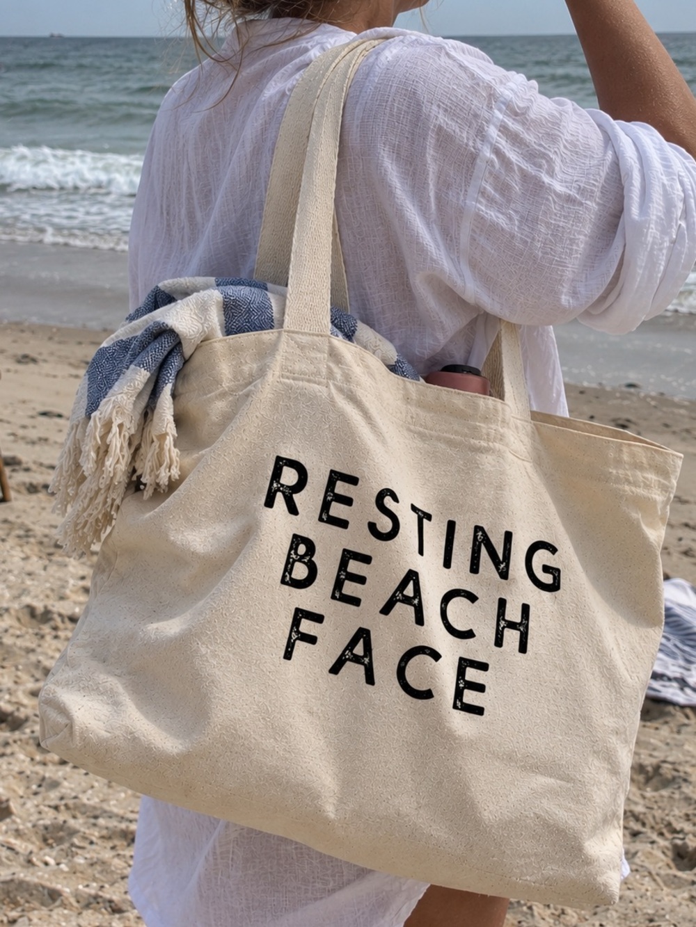 NWT Large Canvas Tote Shopping Shoulder Bag “Resting Beach Face”